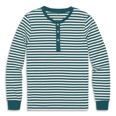 Primary Unisex Fit Organic Long Sleeve Henley Pj Top In Stripe In Green