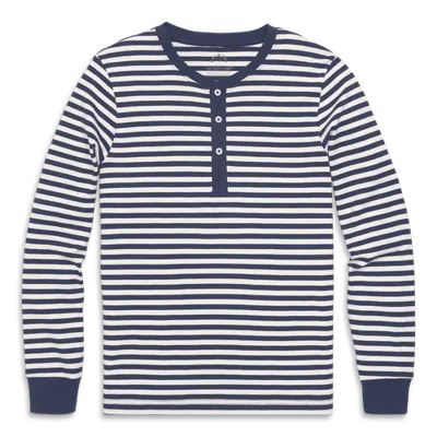 Primary Unisex Fit Organic Long Sleeve Henley Pj Top In Stripe In Blue