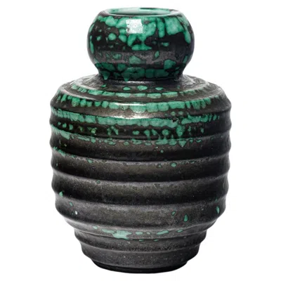 Pre-owned Primavera 20th Century Art Deco Modernist Black And Green Ceramic Vase By Cab