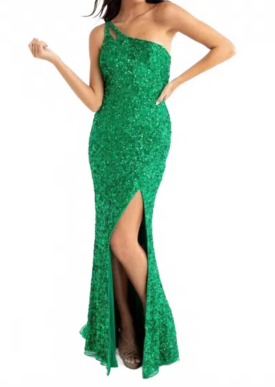 Primavera Asymmetrical Sequin Double Strap Dress In Emerald In Green