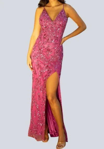 Primavera Backless Long Sequin Prom Dress In Fuchsia In Pink