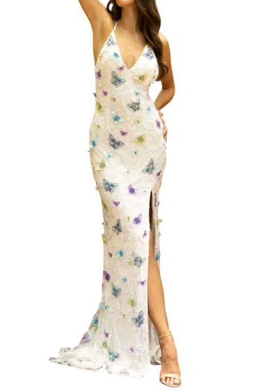 Primavera Beaded Butterfly Long Prom Dress In Ivory/multi