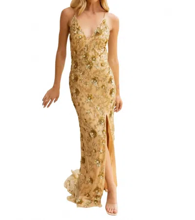 Primavera Beaded Full-length Formal Gown In Light Gold In Yellow