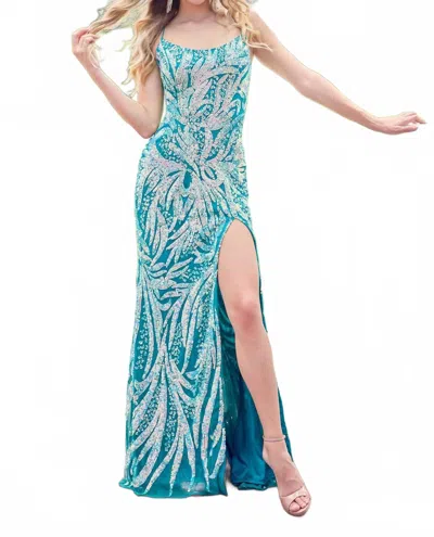 Primavera Beaded Gown In Teal In Blue