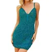 Primavera Beaded Lace Up Back Short Dress In Teal
