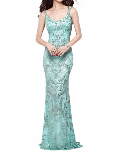 Primavera Beaded Long Evening Dress In Aqua In Green