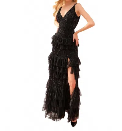 Primavera Beaded Long Ruffled Prom Dress In Black