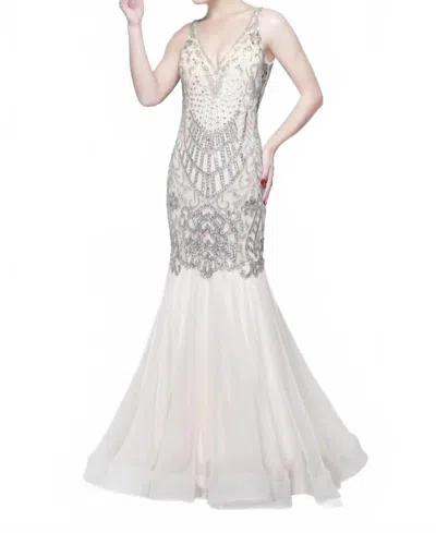 Primavera Beaded Sleeveless Mermaid Evening Gown In Nude In Brown