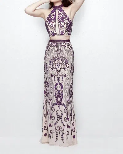 Primavera Beaded Two-piece Evening Dress In Nude Plum In Multi