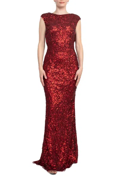 Primavera Boat Neck Cap Sleeve Cowl Back Sheath Sequined Dress In Burgundy In Red