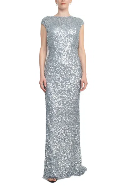 Primavera Boat Neck Cap Sleeve Cowl Back Sheath Sequined Dress In Platinum In Silver