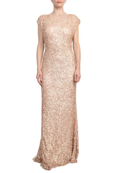 Primavera Boat Neck Cap Sleeve Cowl Back Sheath Sequined Dress In Rose Gold In Multi