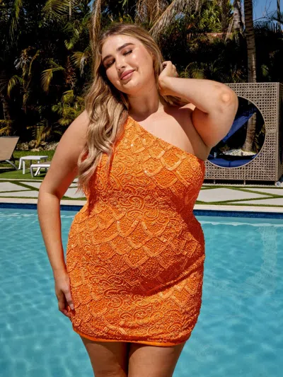Primavera Couture 14023 Sparkling Short One Shoulder Prom Dress In Orange