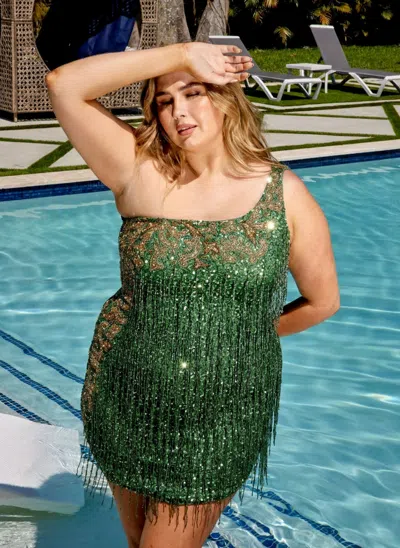 Primavera Couture 14026 Plus Size Short One Shoulder Prom Dress In Green