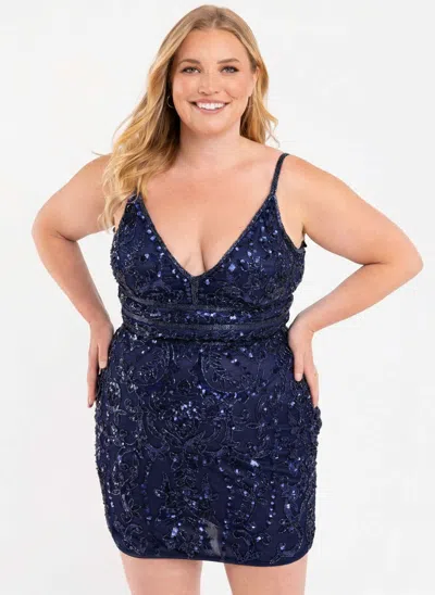 Primavera Couture 14035 Short Plus Size Fitted Prom Dress In Blue