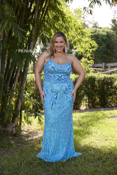 Primavera Couture 14072 Long Plus Size Formal Sequin Prom Gown In Blue