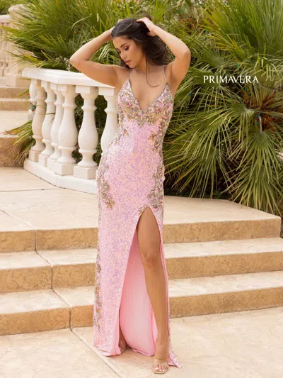 Primavera Couture 3211 Long Fitted Formal Sequin Prom Dress In Pink