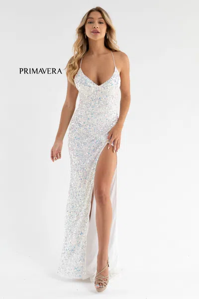 Primavera Couture 3791 Sequin Prom Fitted Long Formal Dress In White