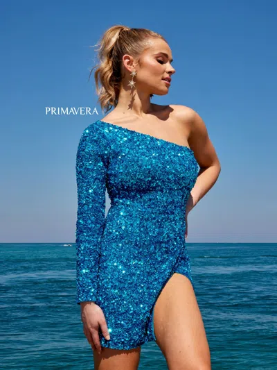 Primavera Couture 3860 Short One Shoulder Homecoming Dress In Blue