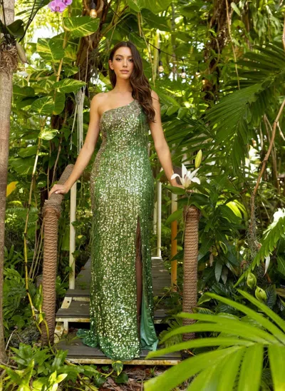 Primavera Couture 3906 Long Formal High Slit Prom Dress In Green