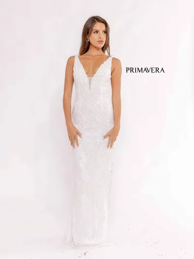 Primavera Couture 3953 Fitted Beaded Sequins Long Prom Dress In White