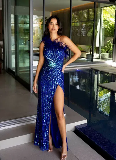 Primavera Couture 4112 Long Sequin Prom Feather Formal Dress In Blue