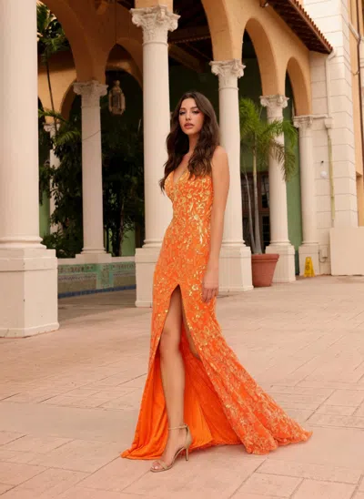 Primavera Couture 4150 Long Formal Prom Sequin Dress In Orange