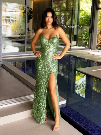 Primavera Couture 4192 Prom Fitted Long Formal Slit Sequin Dress In Green