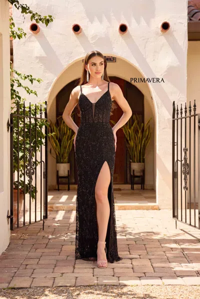 Primavera Couture 4317 Prom Long Formal Floral Beaded Dress In Black