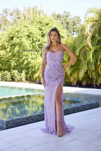 Primavera Couture 4319 Slit Long Formal Beaded Sequin Prom Dress In Purple