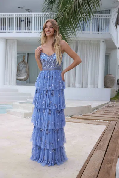 Primavera Couture 4341 Long Formal A Line Prom Layered Dress In Blue