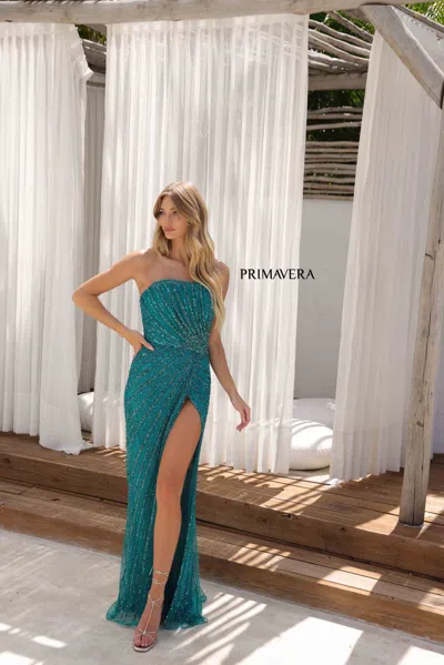 Primavera Couture 4358 Beaded Long Slit Formal Prom Sequin Dress In Blue