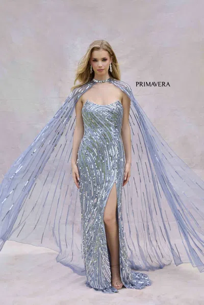 Primavera Couture 4376 Long Sequin Formal Long Cape Prom Dress In Silver
