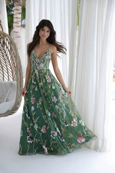 Primavera Couture 4378 Floral Sequin Long Formal Prom A Line Dress In Green