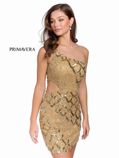 Primavera Couture One Shoulder Short Dress 3504 In Gold