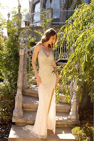 Pre-owned Primavera Couture Primavera 12067 Evening Dress Lowest Price Guarantee Authentic In Nude Silver