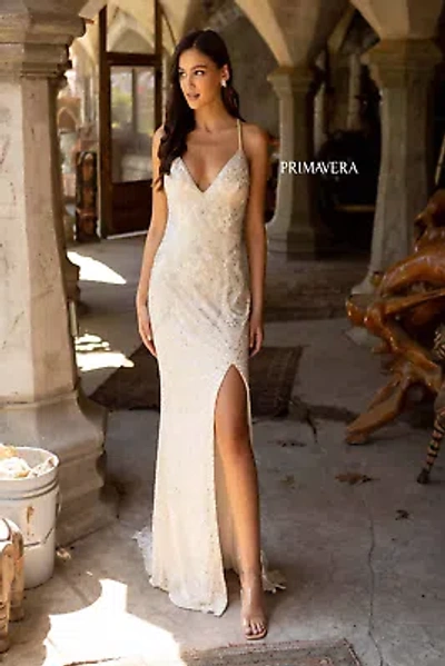 Pre-owned Primavera Couture Primavera 3909 Evening Dress Lowest Price Guarantee Authentic In Platinum