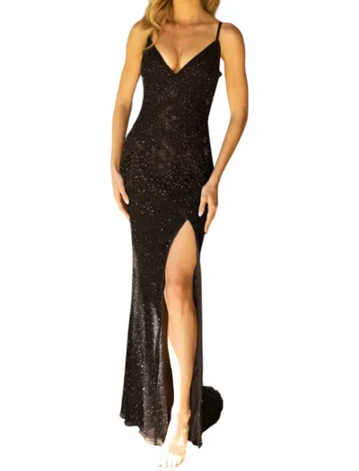 Primavera Deep V Neck Criss Cross Back Prom Dress In Black