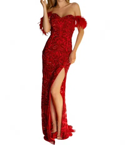 Primavera Feather Sleeves Prom Dress In Red