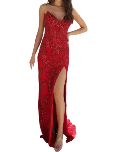 Primavera Fitted Beaded Sequin Prom Dress In Red