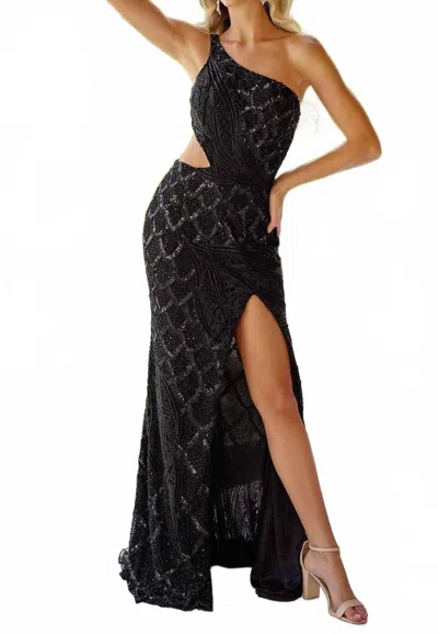 Primavera Floor-length One-shoulder Prom Dress In Black