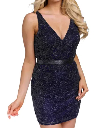 Primavera Floral Beaded Cocktail Dress In Midnight In Blue