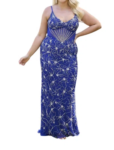 Primavera Floral Sheer Bodice Prom Dress In Royal Blue