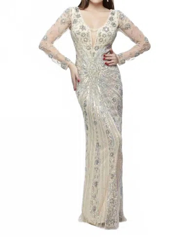 Primavera Full Sleeved Embroidered Formal Gown In Nude In Neutral