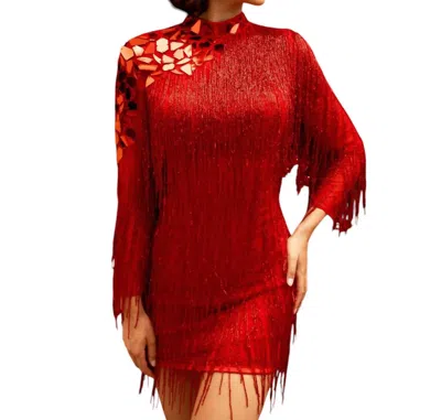 Primavera High Neck Beaded Fringe Cocktail Dress In Red