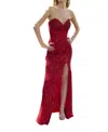 Primavera Long Beaded Corset Gown In Red In Red