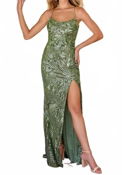 Primavera Long Fitted Sequin Prom Dress In Sage Green