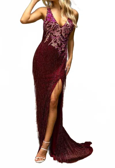 Primavera One Shoulder Embellished Evening Gown In Raspberry In Purple