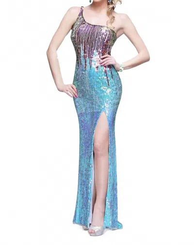Primavera One Shoulder Intricately Beaded Prom Gown In Aqua In Multi