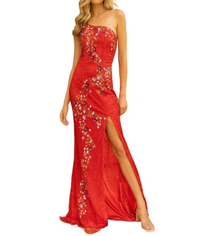 Primavera One Shoulder Neckline Gown In Red